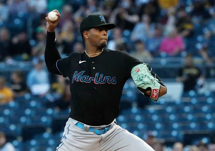 Sep 29, 2023; Pittsburgh, Pennsylvania, USA; Miami Marlins starting pitcher Edward Cabrera (27) delivers a pitch against the Pittsburgh Pirates during the first inning at PNC Park. Mandatory Credit: Charles LeClaire-USA TODAY Sports  